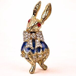 Rabbit Brooch w/Crystal Bow 18K Gold-Plated French Classic Enamel & Rhinestone